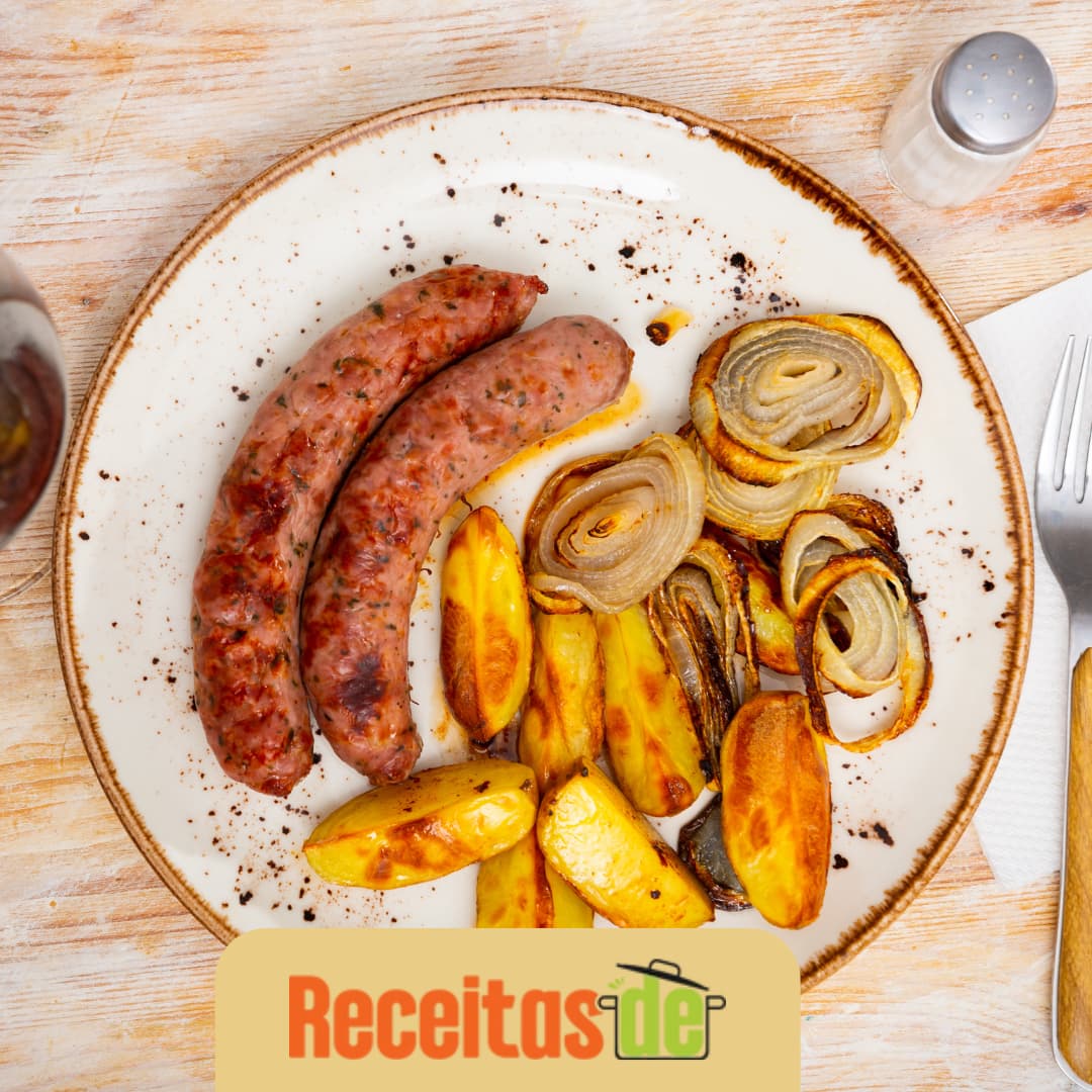 Linguiça Assada com Batata e Cebola